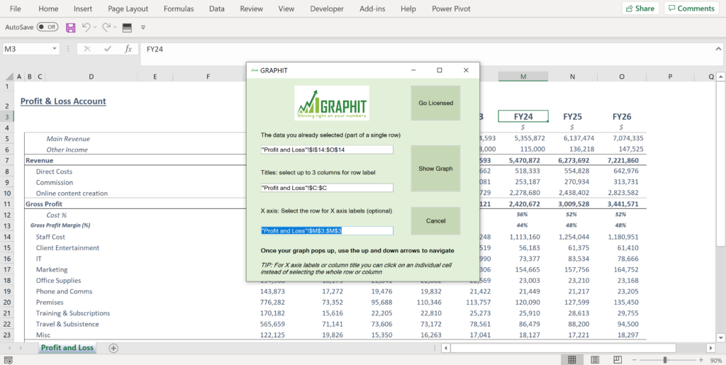 Select a row for the graph x axis labels